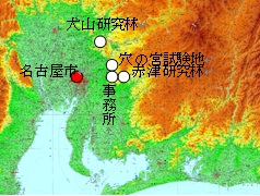 事務所および2研究林1試験地の位置